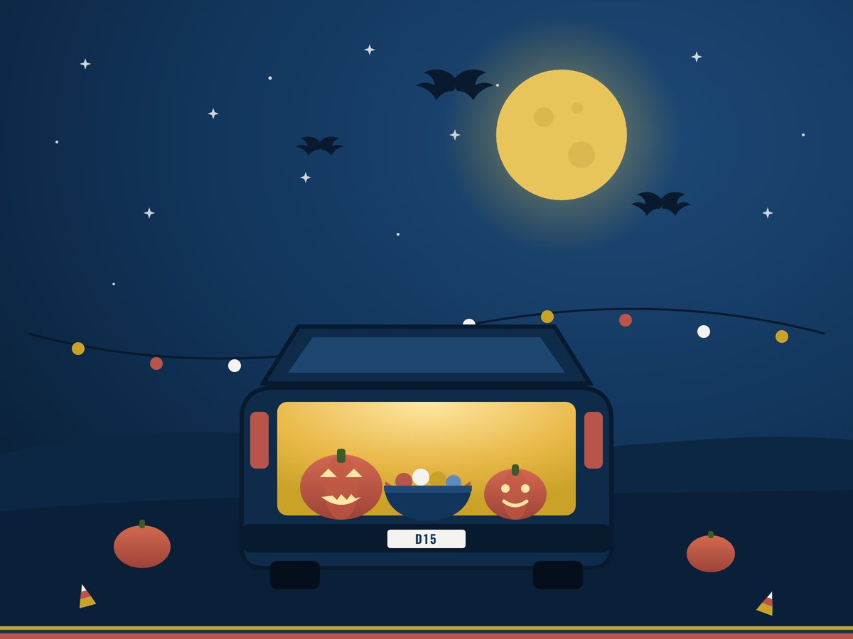 Illustration of a car with its trunk open under a full moon, filled with jack-o-lanterns and a bowl of candy