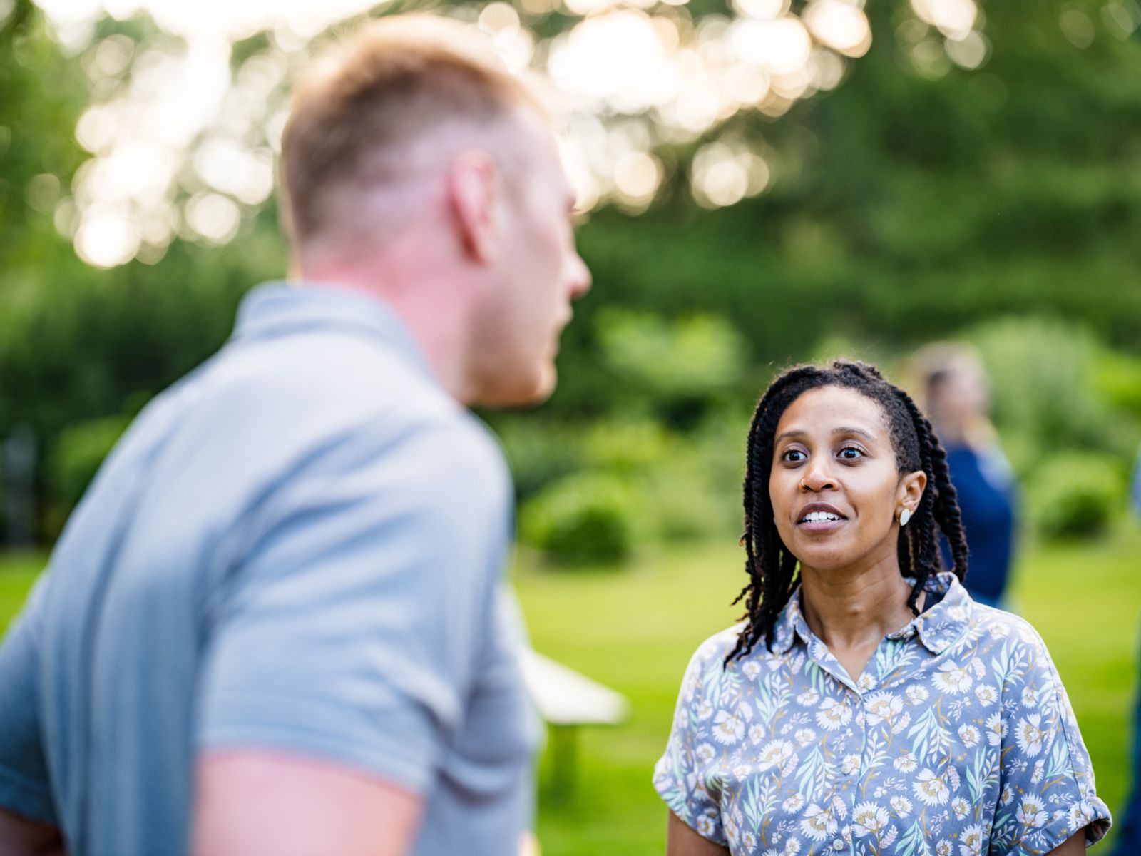 June CopperStad listening during a conversation at the Dems picnic